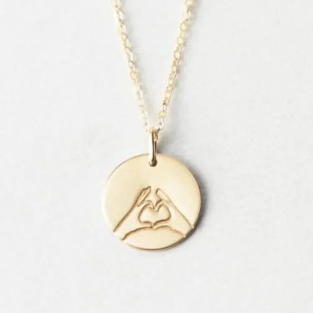Hand Heart Sign Language Gold Charm Disc Necklace